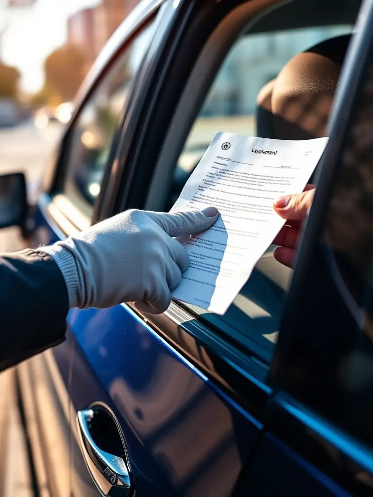 A close-up shot of a gloved hand exchanging documents through a car window during a curbside notary appointment in Columbia, SC.