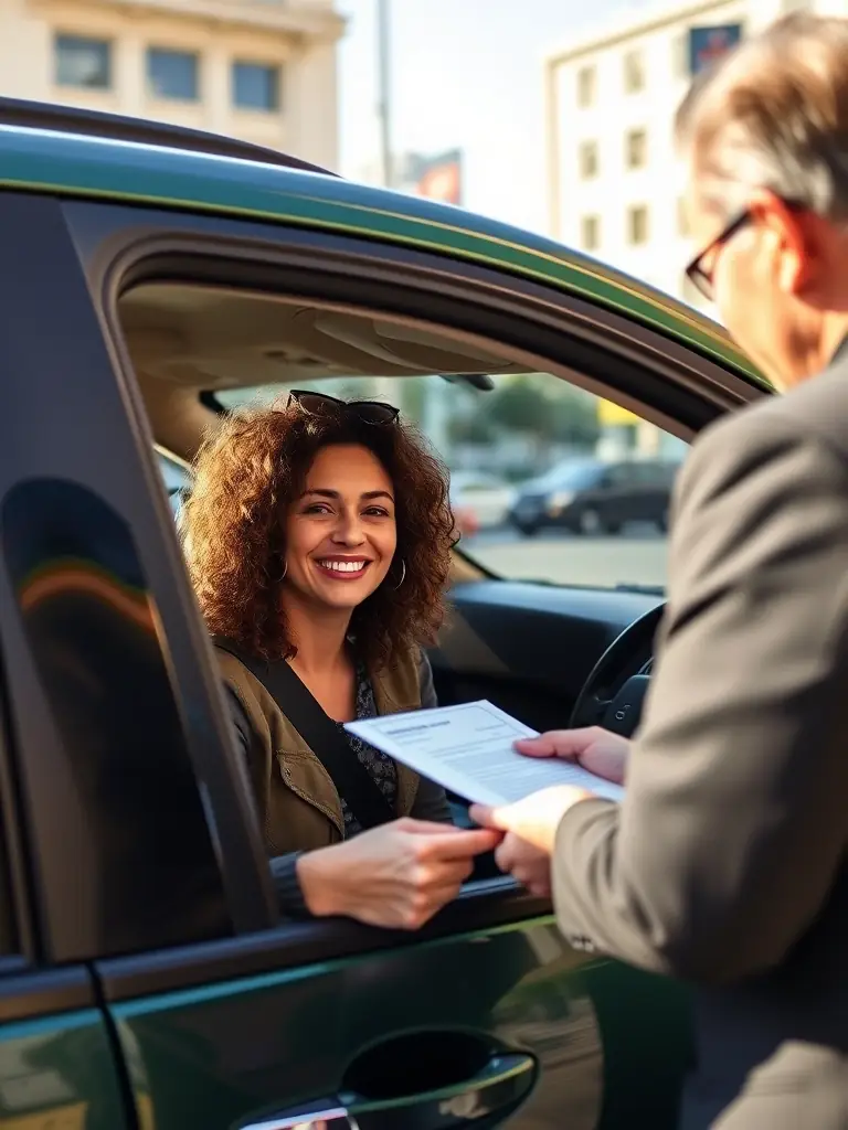 A happy client in their car receiving notarized documents from a notary public, showcasing the ease of curbside notarization in Columbia, SC.