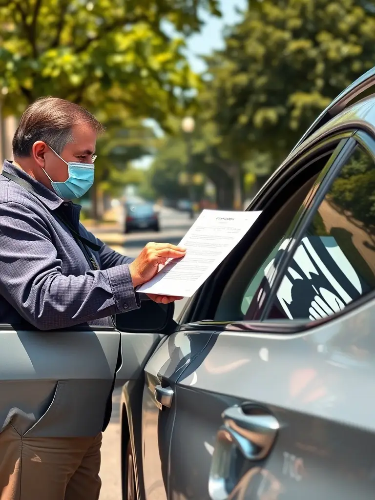 A notary public in Columbia, SC, wearing a mask, hands a notarized document to a client in a car, emphasizing safety and convenience.