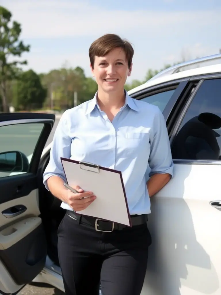 A notary public standing next to a car, holding a clipboard and pen, ready to notarize documents in a curbside setting in Columbia, SC.