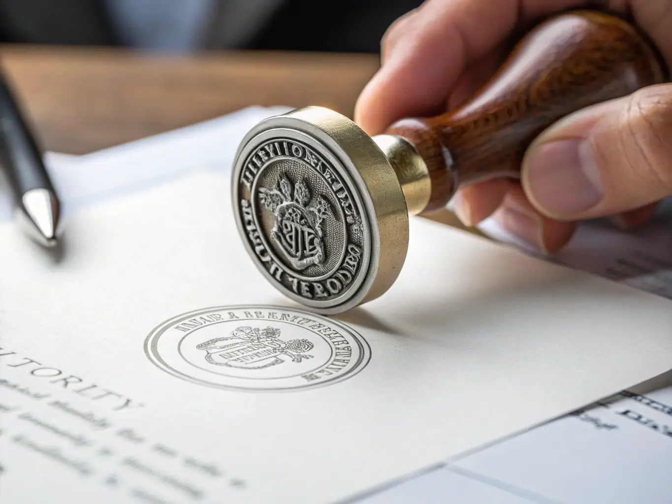 A close-up shot of a notary seal being applied to a document, symbolizing the official nature of the notarization process.