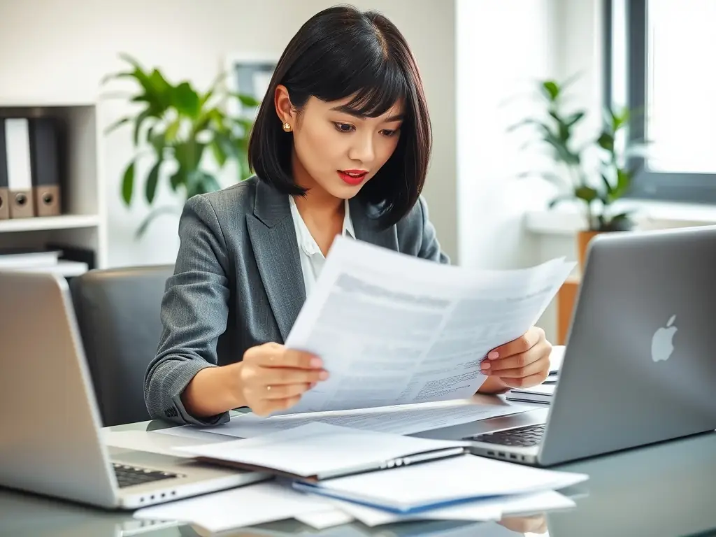 A professional notary public carefully reviewing a legal document with a client in a well-lit office setting. The focus is on trust and accuracy.