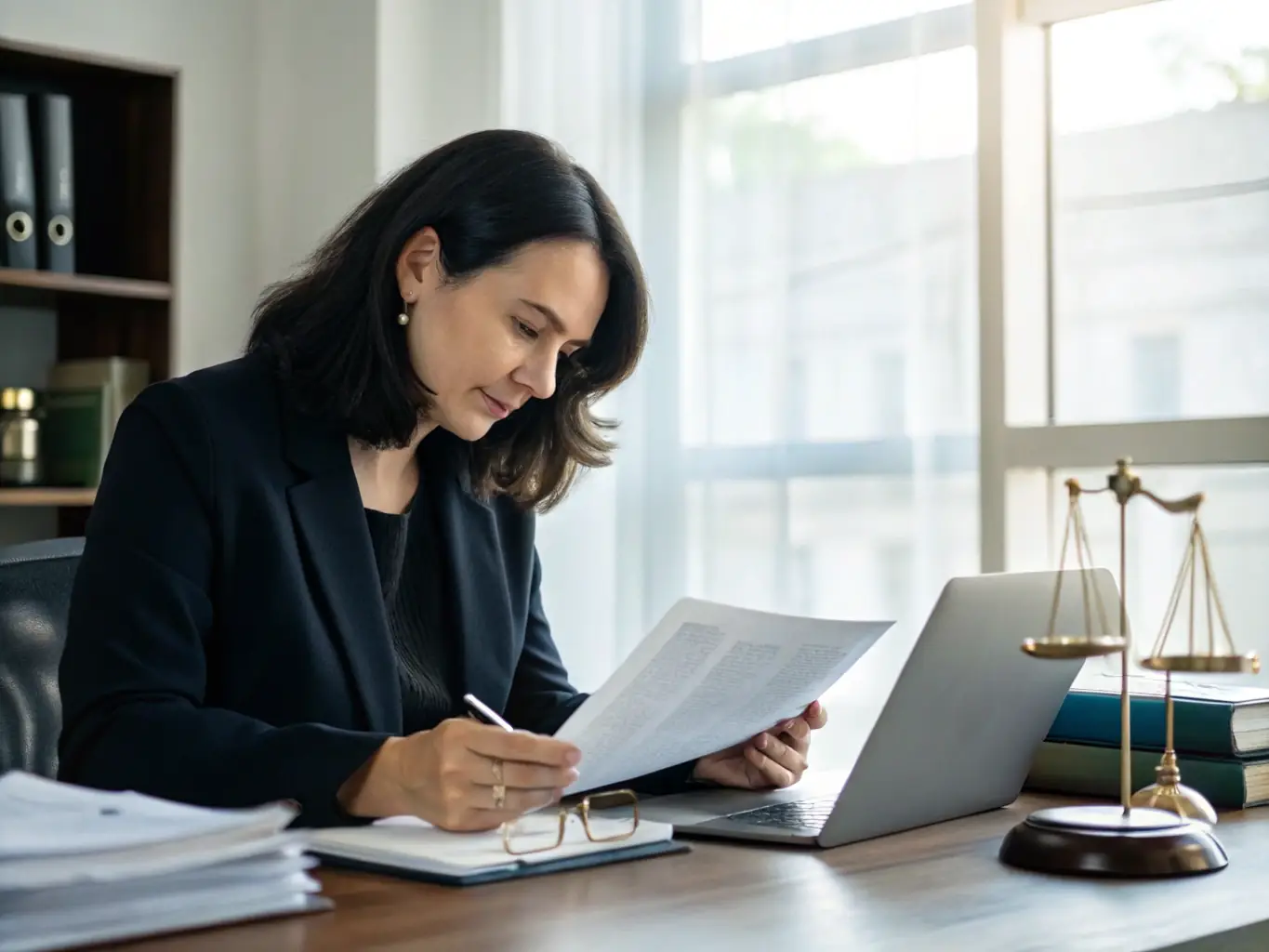 A professional notary public carefully reviewing documents with a client in a well-lit office setting, emphasizing attention to detail and accuracy.