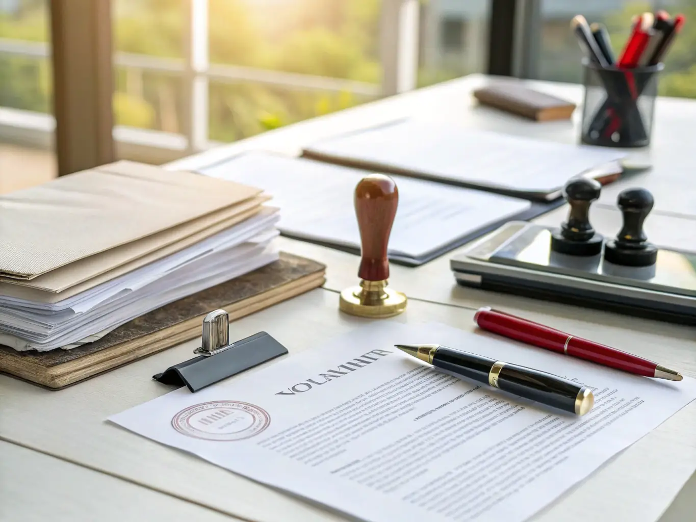 A notary public using a mobile setup in a client's office, showcasing the convenience of mobile notary services.