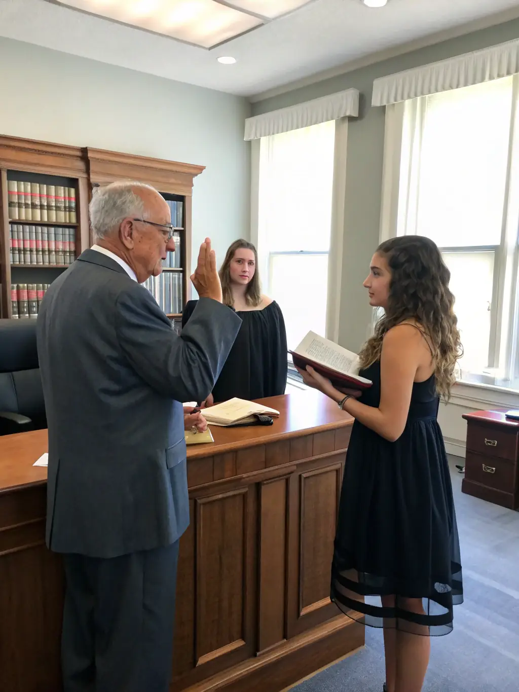 An image of a notary public administering an oath to a client, with a focus on the solemnity and legal weight of the process.