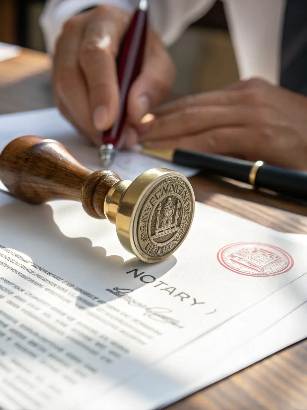 A close-up shot of a notary public's hand placing an official notary seal on a legal document, emphasizing precision and attention to detail.